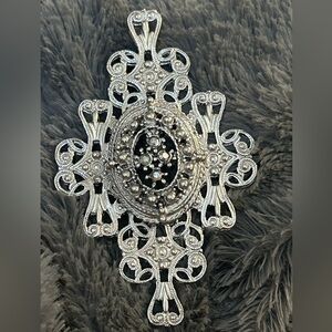 Vintage Edwardian Revival Silver Tone and Faux Marcasite Filigree Shield Brooch
